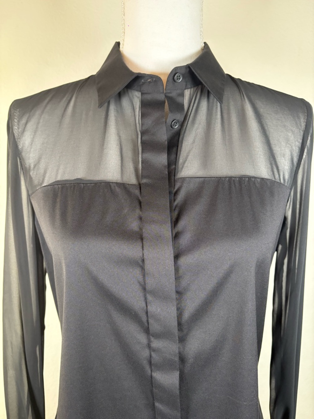 alice + olivia black sheer yoke button front blouse top - Picture 2 of 5